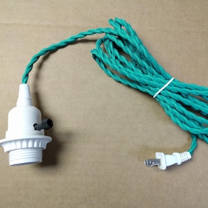 May include: A white lamp socket with a black rotary switch attached to a long, teal-colored fabric-covered twisted electrical cord. The cord features a white two-prong electrical plug at the end and is coiled into a bundle with a white tie.