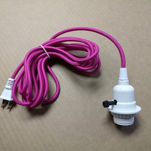 Simple Vintage Style White Plastic Lampholder Socket Pendant w/ 12 ft 2-Wire Magenta Pink ROUND Cord & Plug, Edison Light Bulb FREE SHIPPING