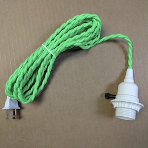 Simple Vintage Style White Plastic Lampholder Socket Pendant 12 ft 2-Wire Sea Green TWISTED Cord & Plug, Edison Light Bulb FREE SHIPPING