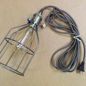 Simple Vintage Style Brass Lampholder Socket w/ 12 ft Brown 2-Wire Round Cord & Plug, Edison Light Bulb, Bronze Metal Cage, FREE US SHIPPING