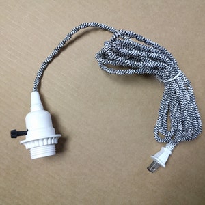 Simple Vintage White Plastic Lampholder Socket Pendant w/ 12 ft 2-Wire Black White TWISTED Cord & Plug, Edison Light Bulb FREE US Shipping