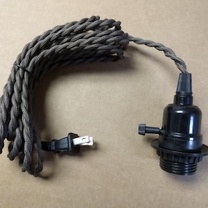 Simple Vintage Style Black Plastic Lampholder Socket Pendant w/ 12 ft Brown 2-Wire TWISTED Cord & Plug, Edison Light Bulb, FREE US Shipping