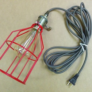Simple Vintage Style Brass Lampholder Socket w/ 12 ft Brown 2-Wire Round Cord & Plug, Edison Light Bulb, Red Metal Cage, FREE US SHIPPING