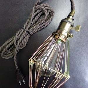 Simple Vintage Style Brass Lampholder Socket w/ 12 ft Brown 2-Wire Twisted Cord & Plug, Edison Light Bulb + Cage Options, FREE US SHIPPING