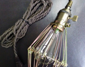 Simple Vintage Style Brass Lampholder Socket w/ 12 ft Brown 2-Wire Twisted Cord & Plug, Edison Light Bulb + Cage Options, FREE US SHIPPING