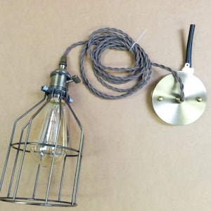 Simple Vintage Style Brass Lampholder Socket w/ 8 ft Brown 2-Wire Twisted Cord & Ceiling Pendant, Edison Light Bulb, Bronze Metal Cage