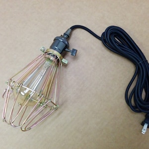 Simple Vintage Style Brass Lampholder Socket w/ 12 ft Black 2-Wire Round Cord & Plug, Edison Light Bulb, Metal Wire Cage, FREE US SHIPPING