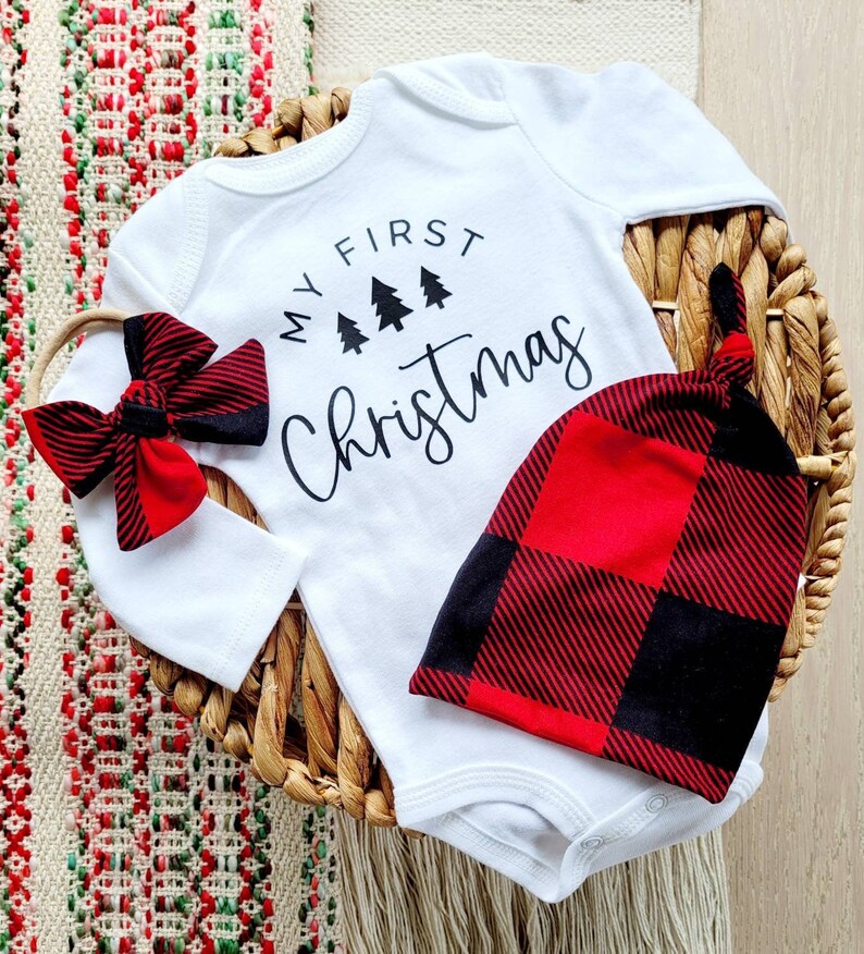 My first christmas outfit with christmas tree onesie and red buffalo check baby hat and knotted  headband, baby's first christmas outfit 