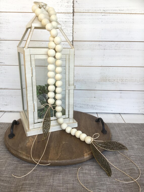 Wood Decor Bead Garland with Antique Bronze Filigree Leaves Etsy