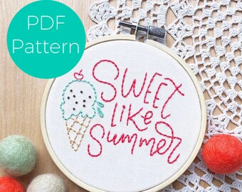 Sweet Like Summer PDF Embroidery Pattern, Beginner Embroidery Pattern, Easy Hand Embroidery, Digital File, Digital Download, DIY Home Decor