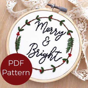 Merry And Bright PDF Embroidery Pattern, Beginner Embroidery Pattern, Easy Hand Embroidery, Digital File, Digital Download, DIY Home Decor