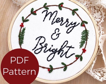 Merry And Bright PDF Embroidery Pattern, Beginner Embroidery Pattern, Easy Hand Embroidery, Digital File, Digital Download, DIY Home Decor