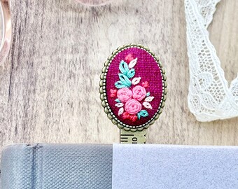 Merlot Mini Ruler Metal Bookmark, Hand Embroidered Bookmark, Victorian Style Bookmark, Stationery Gift, Bibliophile, Book Lover, Librarian