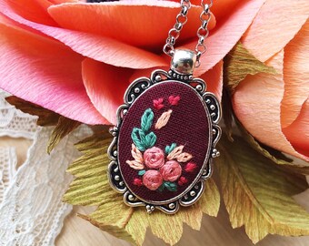 Merlot Embroidered Necklace, Filigree Pendant, Embroidered Pendant, Victorian Style Necklace, Rustic Elegance, Art Nouveau Jewelry