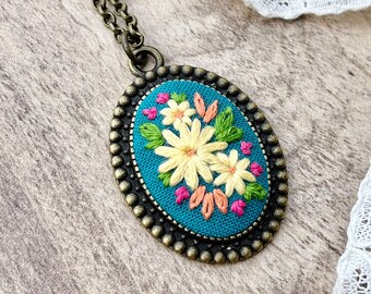 Teal Embroidered Necklace, Victorian Style Pendant, Embroidered Pendant, Yellow Daisies, Summer Necklace, Floral Necklace, Tropical Florals