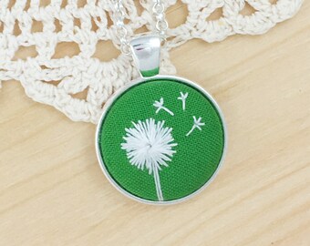 Kelly Green Dandelion Hand Embroidered Necklace, Floral Necklace, Dandelion Pendant, Wishing Flower, White Flower, Dandelion Embroidery