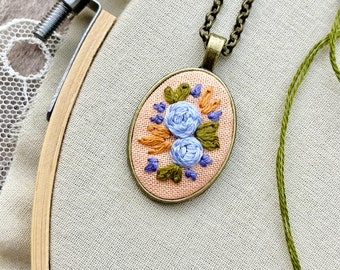 Peach Embroidered Pendant, Simple Elegance, Simple Pendant, Modern Hand Embroidery, Hand Embroidered Necklace, Lavender Roses, Purple Roses