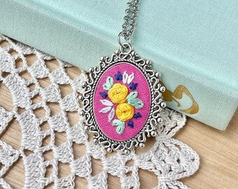 Hot Pink Hand Embroidered Necklace, Floral Necklace, Victorian Pendant, Yellow Roses, Pink Pendant, Embroidered Pendant, Spring Necklace