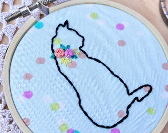 Confetti Kitty Cat Embroidery Hoop Art, Embroidered Kitty Cat, Kitten Art, Cat Silhouette, Kitty Outline, Floral Collar, Cat Lady