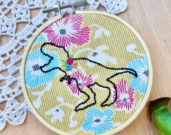 Tropical T-Rex Embroidery Hoop Art, Embroidered Dinosaur Art, Dinosaur With Flowers, Tyrannosaurus Rex Embroidery, Nursery Decoration