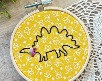 Yellow Stegosaurus Embroidery Hoop Art, Embroidery Dinosaur Art, Dinosaur With Flowers, Dinosaur Theme Nursery, Dinosaur Kids Room