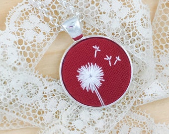 Red Dandelion Hand Embroidered Necklace, Floral Necklace, Dandelion Pendant, Wishing Flower, White Flower, Dandelion Embroidery