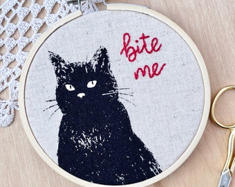 Bite Me, Snarky Cat Embroidery Hoop Art, Black Cat Art, Snarky Quote, Embroidery, Funny Art, Funny Embroidery, Kitty Decor, Cubicle Decor