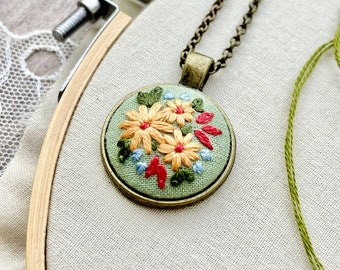 Sage Green Embroidered Necklace, Embroidered Flowers, Flower Necklace, Embroidered Pendant, Mother's Day Gift, Romantic Neutral Necklace