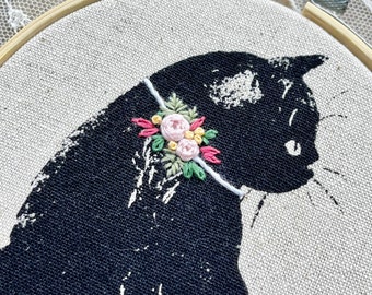 Pink Roses Cat Embroidery Hoop Art, Black Cat With Floral Collar, Cat With Flowers, Black Cat Art, Cat Lady, Kitty Cat, Gifts For Cat Lovers
