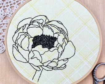 Peony Embroidery Hoop Art, Yellow Plaid, Bright Kitchen Decor, Vintage Kitchen Decor, Sunny Nursery Decor, Modern Hand Embroidery