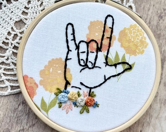 Peach Floral ASL I Love You Embroidery Hoop Art, American Sign Language Art, Interpreter, Love Art, Sign Language Sign, Country Kitchen