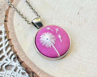 Pink Dandelion Hand Embroidered Necklace, Floral Necklace, Dandelion Pendant, White Wishing Flower, Dandelion Embroidery, Bubblegum Pink