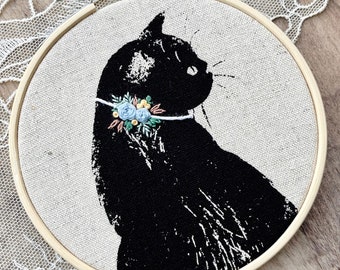 Blue Roses Floral Cat Collar, Black Cat With Embroidered Collar, Black Cat Embroidery, Kitty Art, Embroidery Hoop Art, Embroidered Flowers