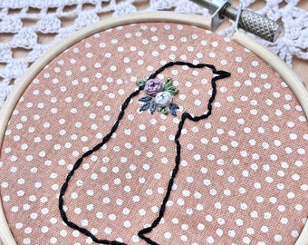 Brown Polka Dot Cat With Floral Collar, Kitty Embroidery Hoop Art, Embroidered Cat, Cat Silhouette, Cat Embroidery, Floral Cat Embroidery