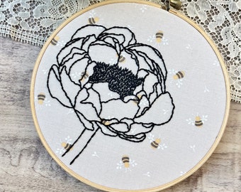 Peony Embroidery Hoop Art, Bumblebee, Bee Art, Honey Bee, Sweet Bee Decor, Vintage Kitchen Decor, Bee Nursery Decor, Modern Hand Embroidery