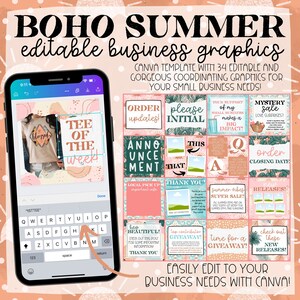 May include: A digital mockup of a Canva template for small businesses. The template features 34 editable graphics with a boho summer theme. The graphics include phrases like "Order Updates", "Please Initial", "Mystery Sale", "New Releases", and "Time for a Giveaway".