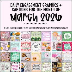 Puede incluir: Gráfico con el texto "DAILY ENGAGEMENT GRAPHICS + CAPTIONS FOR THE MONTH OF March 2026". La imagen contiene 31 gráficos diarios con leyendas, incluyendo indicaciones como "Fall or Spring?" y "Waffles or Pancakes?"