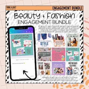 May include: A digital phone screen displaying a Canva template for social media engagement posts. The template features a variety of colorful graphics and text related to beauty and fashion. The text on the screen reads "What order do you get ready?" and "Beauty + Fashion Engagement Bundle".