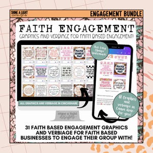 May include: A computer screen displaying a collection of 31 faith-based engagement graphics and verbiage for faith-based businesses. The graphics are in a grid format and feature a pink and white floral design. The text on the screen reads "Faith Engagement Graphics and Verbiage for Faith Based Engagement!" and "All Graphics and Verbiage in Cinchshare".