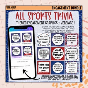 May include: A digital download for a sports trivia game. The image shows a grid of 9 colorful squares with trivia questions about sports. The text "All Sports Trivia" is at the top of the image. The text "Themed Engagement Graphics + Verbiage!" is below the title. The text "Sports themed engagement bundle consists of engagement and trivia questions plus answers! Verbiage included! Over 60 graphics!" is in the center of the image.