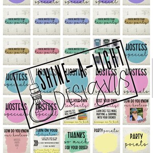 May include: A collage of colorful squares with text about hostess specials, tee parties, and how to order. The text includes phrases like "Hostess Specials", "You're Invited to My Tee Party", "Host Your Own Tee Party", "Turn On Your Notifications", "Thanks So Much For Your Order", "How To Order", "Pop-Up Points", and "Party Points".