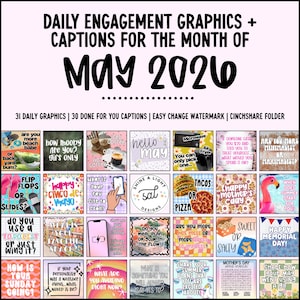 Può includere: Una raccolta di 31 grafiche e didascalie giornaliere per il mese di maggio 2026. Le grafiche presentano vari temi, tra cui spiaggia, Cinco de Mayo e Festa della Mamma, con prompt di testo e illustrazioni. Il design include un watermark.