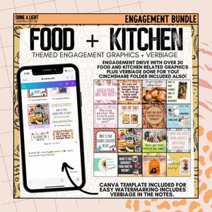 May include: A digital phone screen displaying a Canva template with a variety of food and kitchen themed engagement graphics. The graphics include questions like "Which fries are the best?" and "What is your favorite crockpot recipe?" The text "ENGAGEMENT BUNDLE FOOD + KITCHEN THEMED ENGAGEMENT GRAPHICS + VERBIAGE" is at the top of the image.