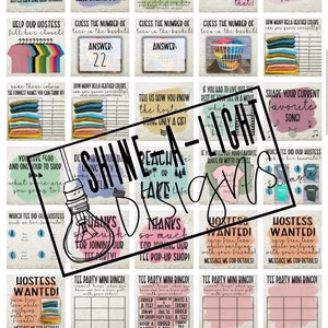 May include: A colorful digital graphic with a lightbulb graphic and the text "Shine a Light Design". The graphic is divided into a grid of 16 squares, each containing a different design. The designs include text, images, and graphics related to a tee shirt party. Some of the text includes "Join my VIP group!" and "Hostess Wanted!"