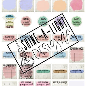 May include: A set of printable digital designs for a tee party. The designs feature a variety of themes, including "Welcome to the tee party!" and "Pop-up mini bingo!" The designs are in a variety of colors, including pink, blue, and green.