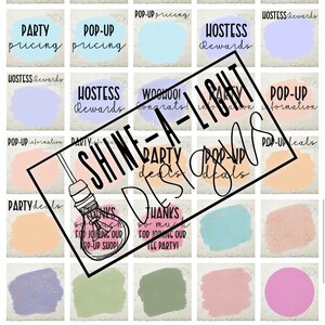 May include: A grid of colorful squares with text on each square. The text includes "Pop-Up Points", "How to Order", "Party Pricing", "Hostess Rewards", "Woohoo! Congrats!" and "Shine-A-Light Pop-Up Details".