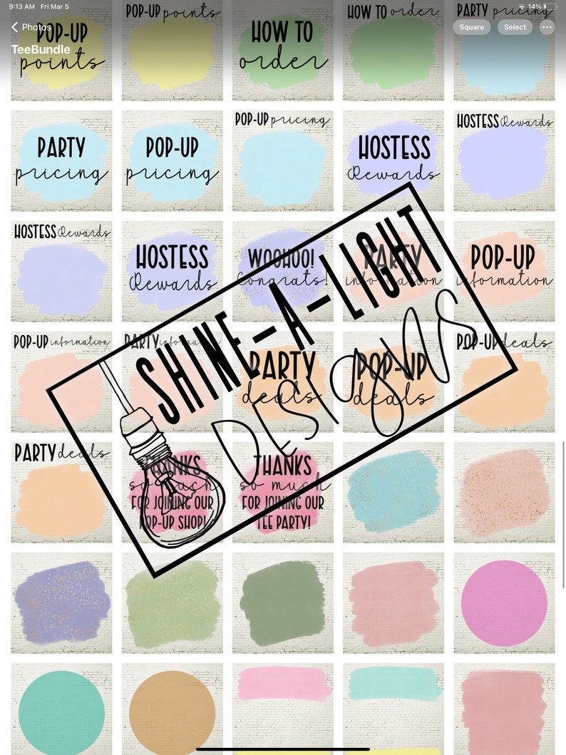 May include: A grid of colorful squares with text on each square. The text includes "Pop-Up Points", "How to Order", "Party Pricing", "Hostess Rewards", "Woohoo! Congrats!" and "Shine-A-Light Pop-Up Details".