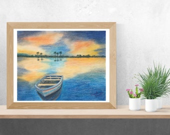 Boat in a sunset - Colorful oil pastel painting - 100% original oil pastel by Raquel Pierola