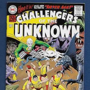 May include: A comic book titled Challengers of the Unknown No. 1, featuring a colorful cover illustration of a bald character in a green and yellow suit, three figures in yellow shirts, and various monsters, with the text Here it is! An all-new tale from the Silver Age! and the DC Comics logo.