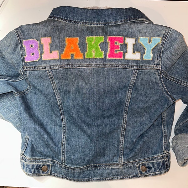 Quality medium blue washed Denim Jacket with Chenille sequined Letters sewn on, Personalized Denim jacket with name varsity letters